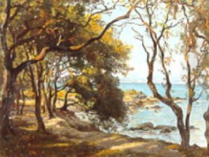 A Mediterranean Seascape Through A Grove Of Trees