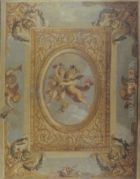 A Trompe L'oeil Ceiling Painting With Putti Disporting - view 1
