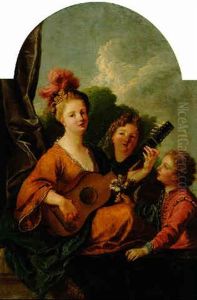 A Woman Playing Guitar At A Balustrade With A Girl And A Boy Listening by Francois Marot
