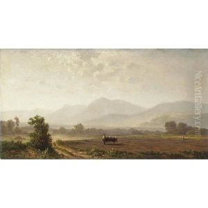 A Farmer And Cattle In A Field With Hills In The Distance by William Lewis Marple