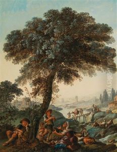 A Pair Of Campagna Landscapes With Resting Shepherds by Joaquim Marques