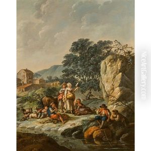 Paysage Anime De Bergers Et Leurs Troupeaux Se Reposant (pair) by Joaquim Marques