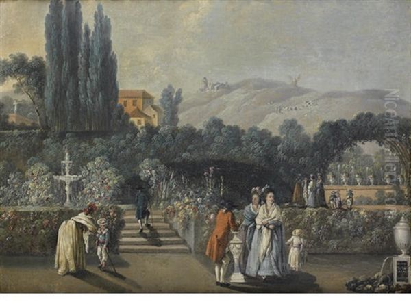 Figures In An Ornamental Garden, A Landscape Beyond - view 1