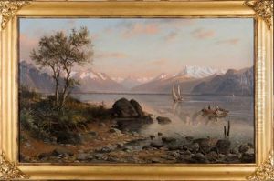 Bord Du Lac Leman Avec Les Dents Du Midi Se Refletant Dans L'eau