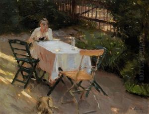 Frau Am Gartentisch (wohl Dora Marr) by Carl von Marr