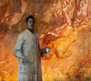 Der Maler. Pius Ferdinand Messerschmitt Im Malerkittel Mit Pinsel Und Farbe Vor Einem