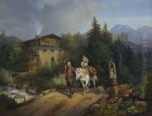Tiroler Bauer Mit Seinem Auf Einem Pferd Sitzenden Sohn Auf Der Brucke by Heinrich Marr