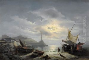 Der Hafen Von Genua Im Mondschein