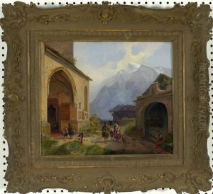 Personen Beim Kirchgang Im Bergdorf