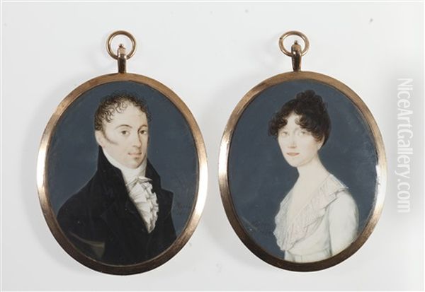 A Pair Of Portrait Miniatures Of A Husband And Wife; The Former, Wearing Black Double-breasted Coat, White Chemise, The Latter, Wearing White Dress With Lace Falling Collar (pair) - view 1
