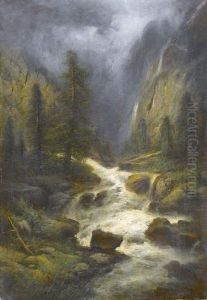 Gebirgsschlucht Mit Wasserfall Im Berner Oberland by Joseph Bernardi