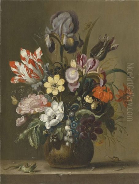 Flowers In A Stoneware Vase On A Ledge With A Lizard And A Snail - view 1