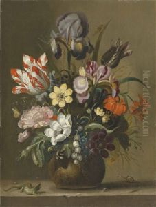 Flowers In A Stoneware Vase On A Ledge With A Lizard And A Snail by Jacob Marrel