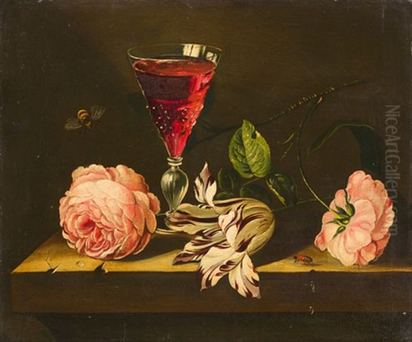 Stillleben Mit Weinglas, Blumen Und Insekten - view 1