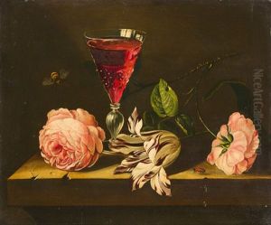 Stillleben Mit Weinglas, Blumen Und Insekten