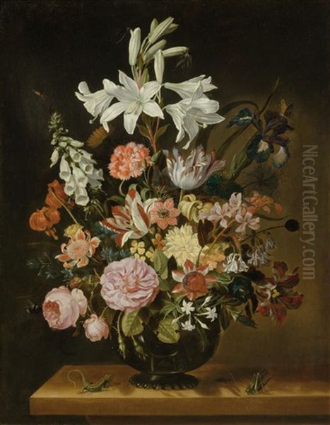 Still Life Of Flowers In A Vase Set On A Stone Plinth With A Lizard And Grasshopper - view 1