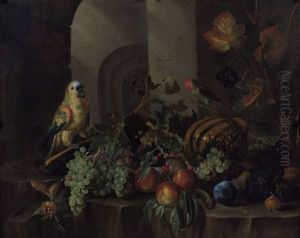 Fruits Et Perroquets Sur Un Entablement De Pierre by Jacob Marrel