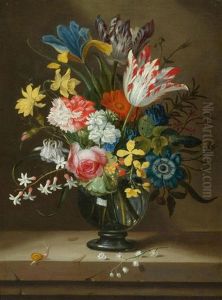 A Flower Bouquet In A Glass Vase, On A Stone Plinth, With A Small Snail by Jacob Marrel