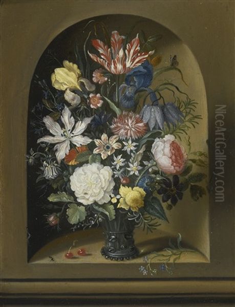 Still Life Of Flowers In A Niche With Cherries, Insects And A Caterpillar - view 1