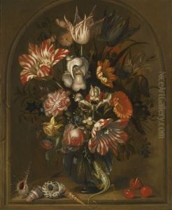 Still Life Of Flowers In A Glass Vase Within A Niche, With Cherries, Shells And A Lizard