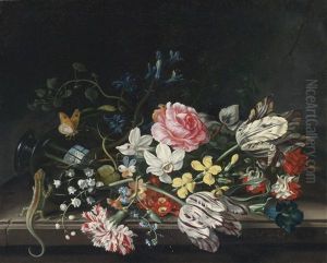 An Overturned Vase Of Flowers Resting On A Ledge