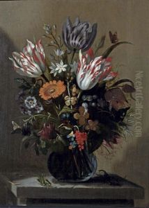 Tulips, Violets, Forget-me-nots And Other Flowers With Butterflies In A Glass Vase, On A Stone Ledge With A Cricket, A Stag Beetle And A Caterpillar
