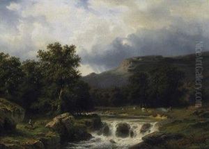 Mountain Brook In Swiss Jura Mountains. Shepherds By The Banks On The Fields. Signed Bottom Right: I. Bernardi by Joseph Bernardi