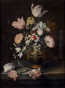 Fleurs Dans Un Vase De Bronze Dore Sur Un Entablement