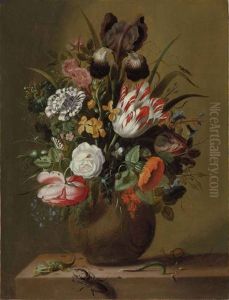 Roses, Tulips, An Iris And Other Flowers In A Stoneware Vase On A Ledge With A Lizard, Stag Beetle And Snail
