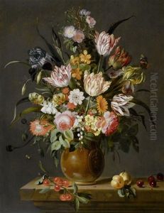 Blumenstrauss In Einer Tonvase Mit Kirschen Und Aprikosen Auf Einer Konsole