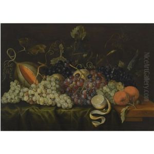 Still Life With Red, Black And Green Grapes On The Vine, Together With Oranges, A Partly-peeled Lemon And A Melon On A Draped Table-top by Jacob Marrel