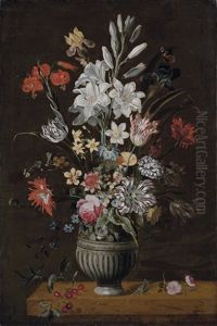 Lilies, Irises, Tulips, Narcissi And Other Flowers In An Urn With A Grasshopper And A Dragonfly On A Stone Ledge by Jacob Marrel
