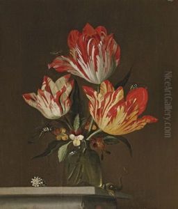Tulips And Violets In A Vase, With A Shell, A Lizard, A Dragonfly, A Bee And A Wasp, On A Ledge by Jacob Marrel