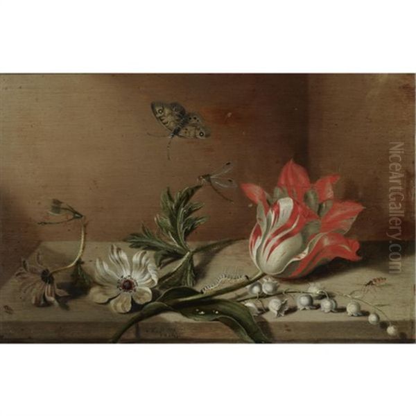 A Still Life With A Tulip, Anemones, Lily-of-the-valley, A Caterpillar, A Butterfly And Other Insects On A Wooden Ledge - view 1