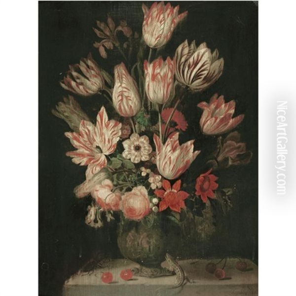 A Still Life Of Tulips And Other Flowers In A Vase On A Marble Ledge, With A Green Lizard - view 1