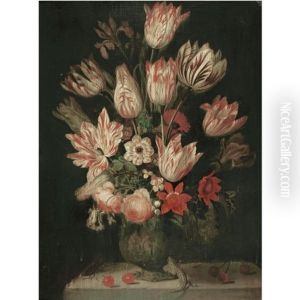 A Still Life Of Tulips And Other Flowers In A Vase On A Marble Ledge, With A Green Lizard by Jacob Marrel
