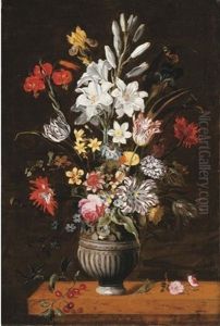 Lilies, Irises, Tulips, Narcissi And Other Flowers In An Urn With A Grasshopper