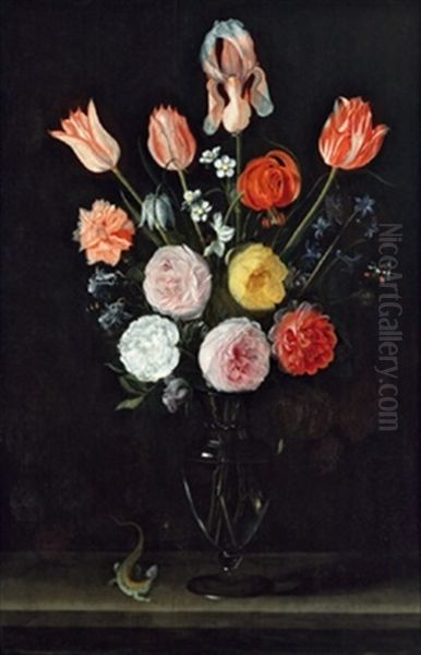 Blumenstraus Mit Rosen, Tulpen, Nelke Und Anderen Bluten In Einer Glasernen Vase, Mit Einer Eidechse Und Einem Schmetterling - view 1