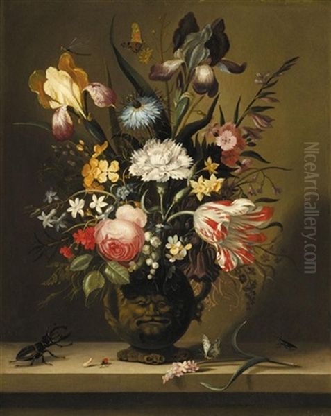 A Still Life Of Flowers, Including A Parrot Tulip, Irises And Roses, In A Grotesque Vase With Insects And A Stag Beetle On A Stone Ledge - view 1