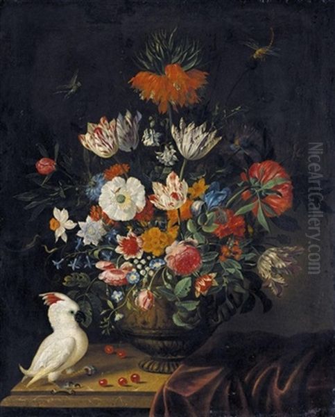 Still Life Of Flowers Including Irises, Roses, A Crown Imperial Lily, Marigolds And Parrot Tulips, In A Sculpted Stone Vase, With A Cockatoo And Dragonflies - view 1