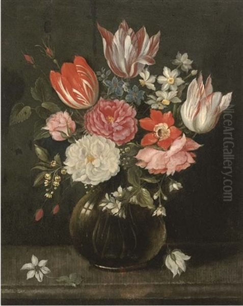 Parrot Tulips, Narcissi, Roses, Anemones And Other Flowers In A Glass Vase On A Stone Ledge - view 1