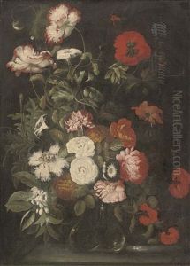 Parrot Tulips, Roses, Poppies, Convulvulus And Other Flowers In A Glass Vase On A Stone Ledge by Jacob Marrel