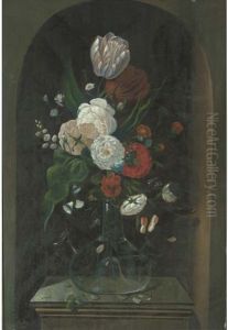 A Parrot Tulip, A Tulip, Roses, Morning Glory And Other Flowers In A Glass Vase In A Stone Niche by Jacob Marrel