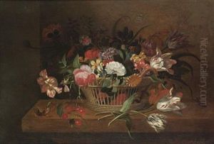 Tuilips, Roses, Poppies And Other Flowers In A Basket With A Red Admiral Butterfly And Other Insects Beside A Bunch Of Cherries On A Tabletop by Jacob Marrel