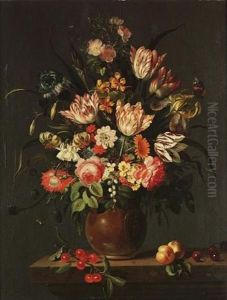 Tulips, Roses, Irises And Other Flowers In A Rhenish Stoneware Jug With Applied Medallion, Beside Cherries And Nectarines On A Marble Ledge With A Butterfly, A Bee, Dragonflies And Other Insects