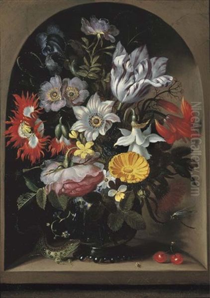 Anemones, A Tulip, An Opium Poppy And Other Flowers In A Glass Vase, With A Sand Lizard And A Ladybird, In A Stone Niche - view 1
