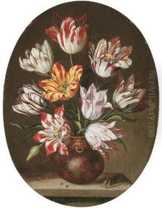 Tulips In A Vase With A Caterpillar And A Grasshopper On A Stone Ledge, And Dragonflies And A Bee