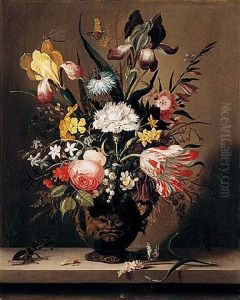A Still Life Of Flowers, Including Tulips, Roses And Irises, In A Grotesque Vase With Insects And A Stag Beetle On A Stone Ledge by Jacob Marrel