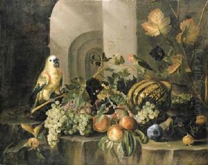 A Parrot, A Parakeet, A Melon, Bunches Of Grapes, Peaches, And Other Fruit, With A Lizard, A Beetle And Other Insects, On A Rocky Ledge by Jacob Marrel