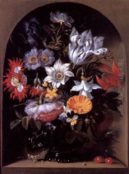 Ein Blumenstrauss In Einer Nische Mit Eidechse Und Kirschen - view 1